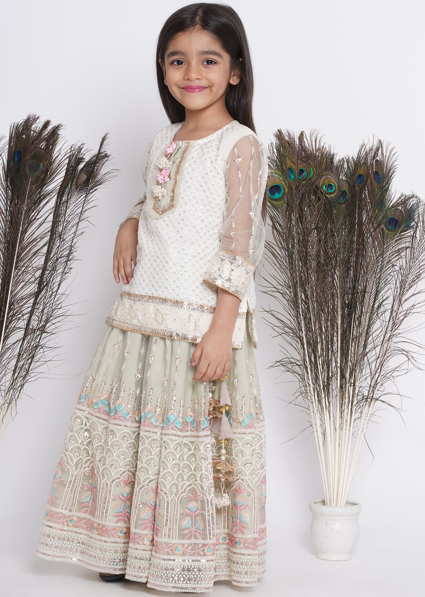 Girls Pistachio Lehnga with embroidered long shirt style top