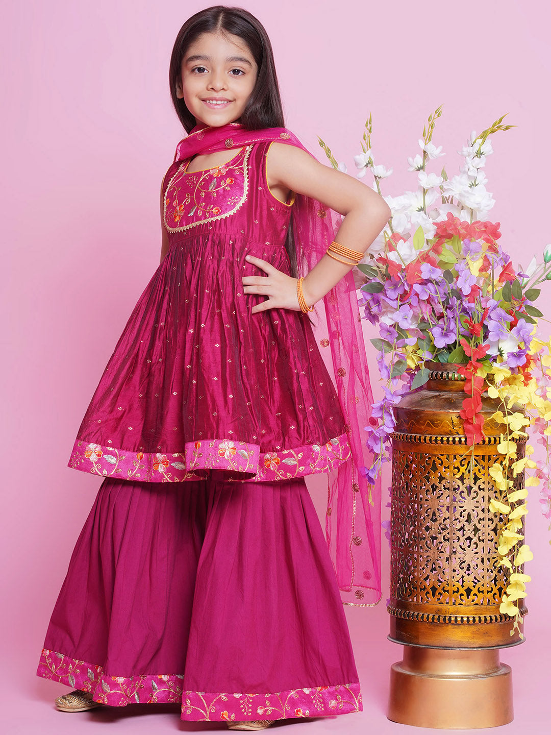 3 pc festive embroidered frock with sharara pants
