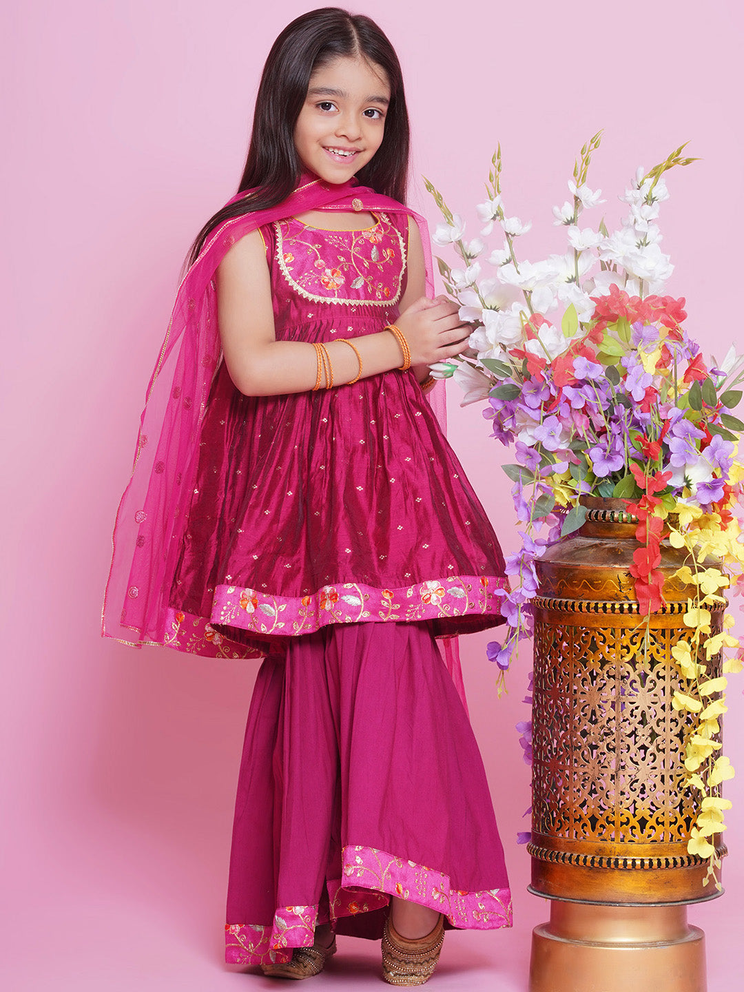 3 pc festive embroidered frock with sharara pants