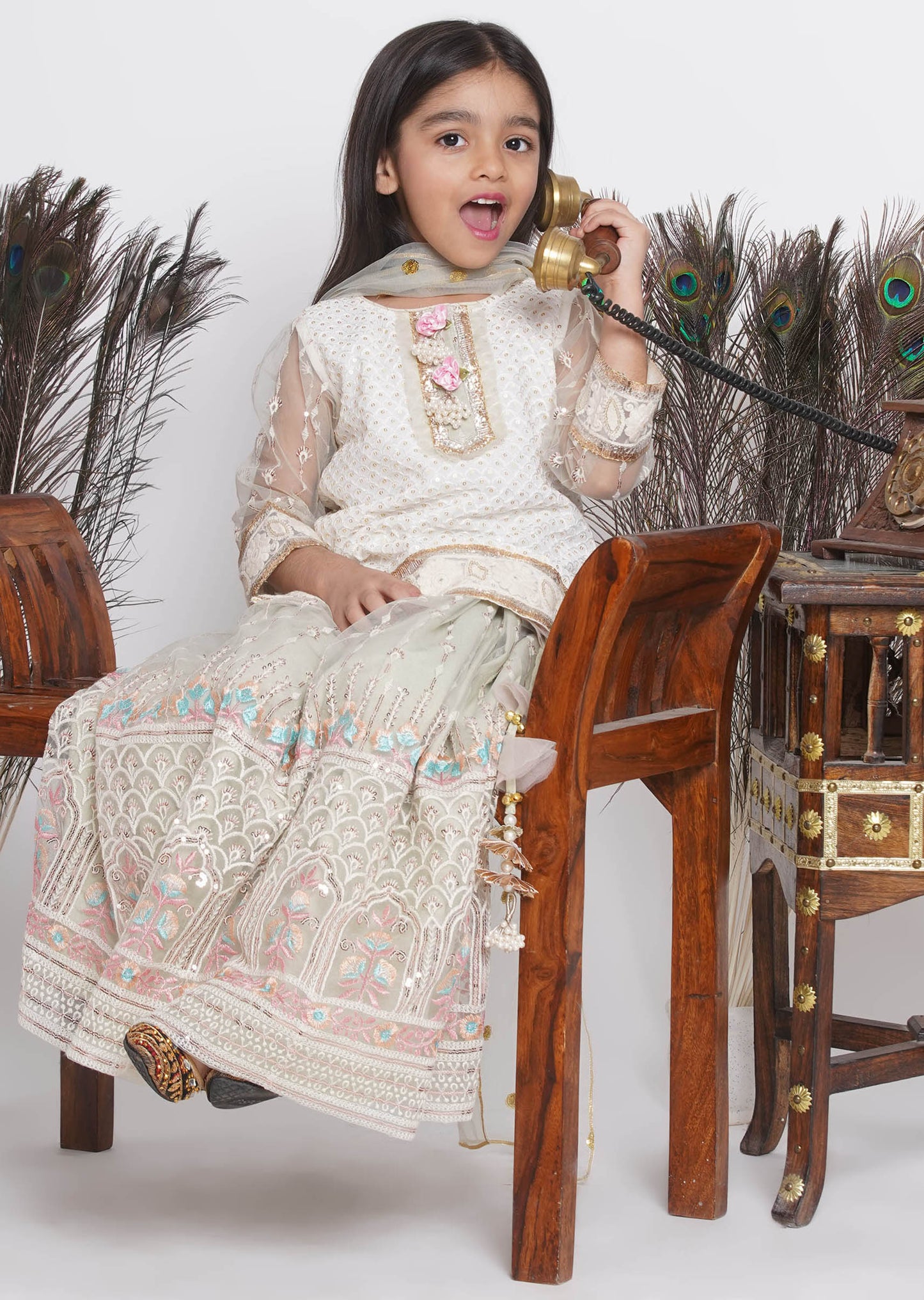 Girls Pistachio Lehnga with embroidered long shirt style top