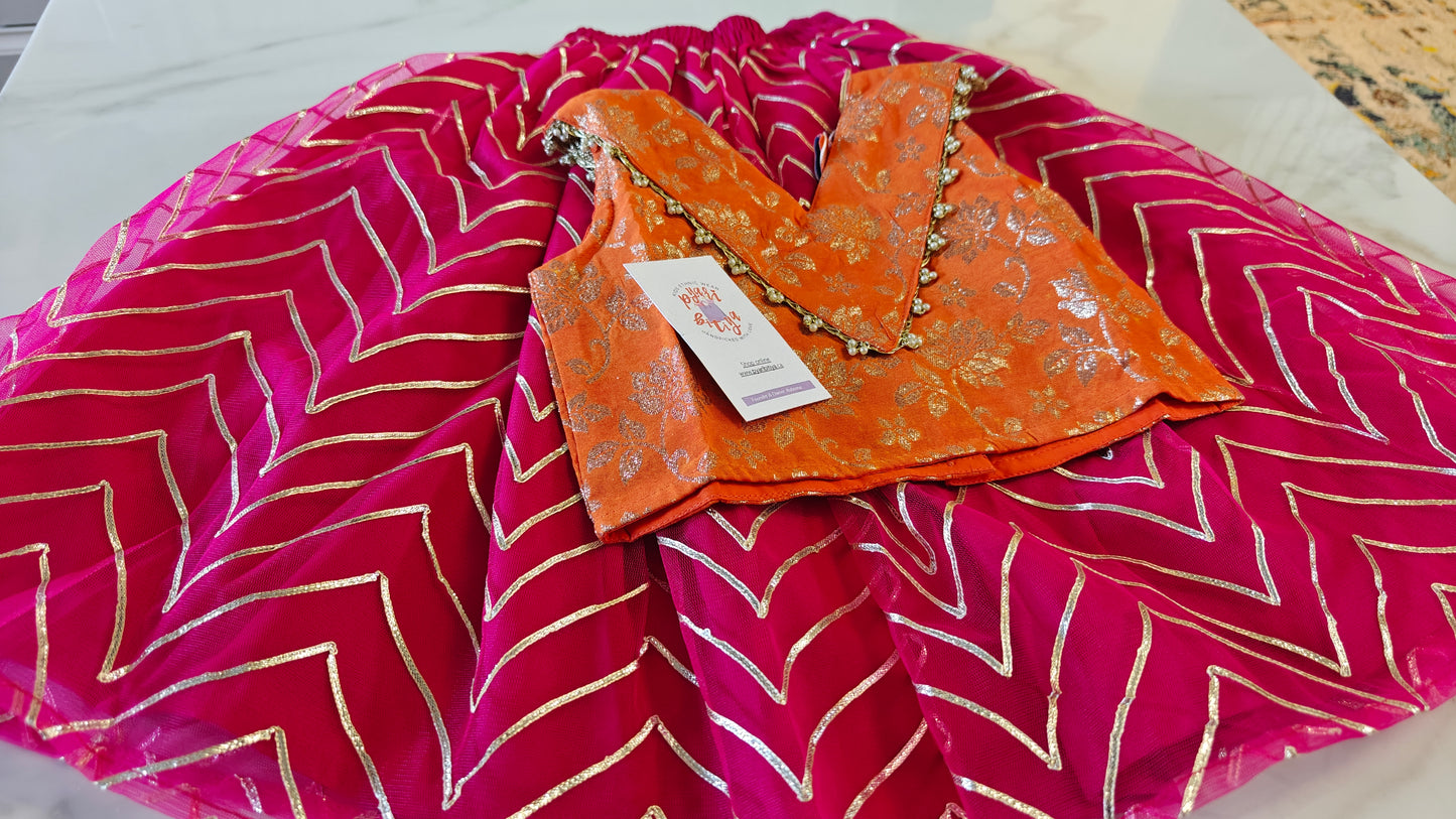 Girls Banarasi top with zigzag pattern net lehnga set