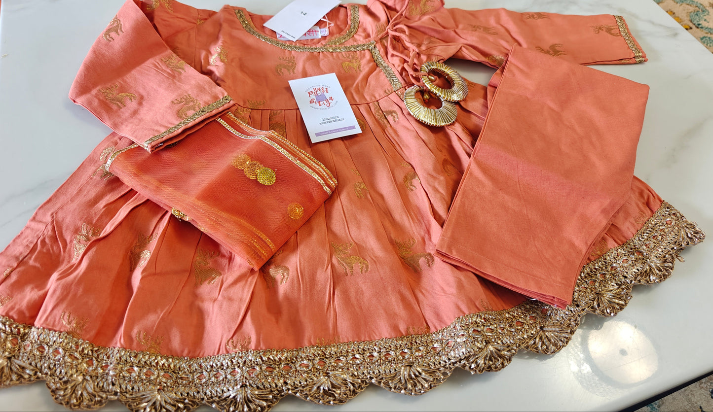 Girls festive dull orange Angrakha -pajami suit