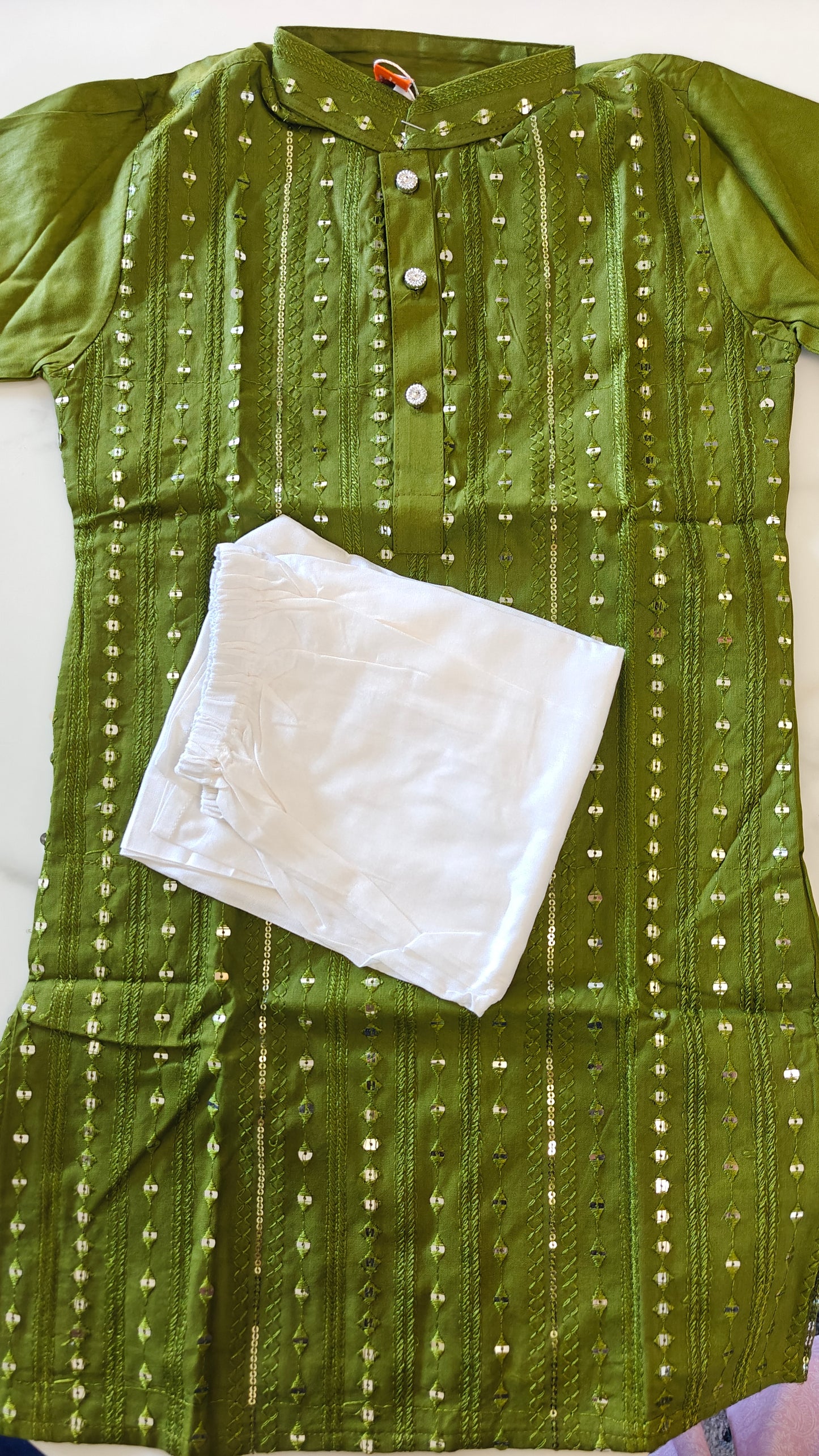 Toddler and pre teen Boys sequin mirror work green kurta pajama