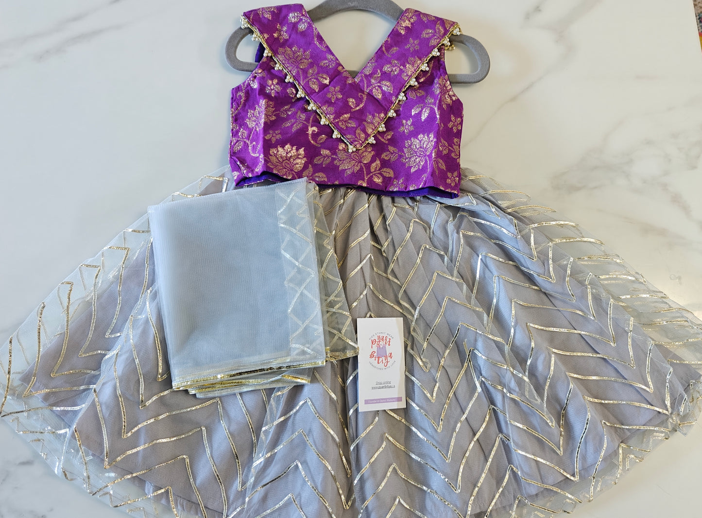 Girls Banarasi top with zigzag pattern net lehnga set