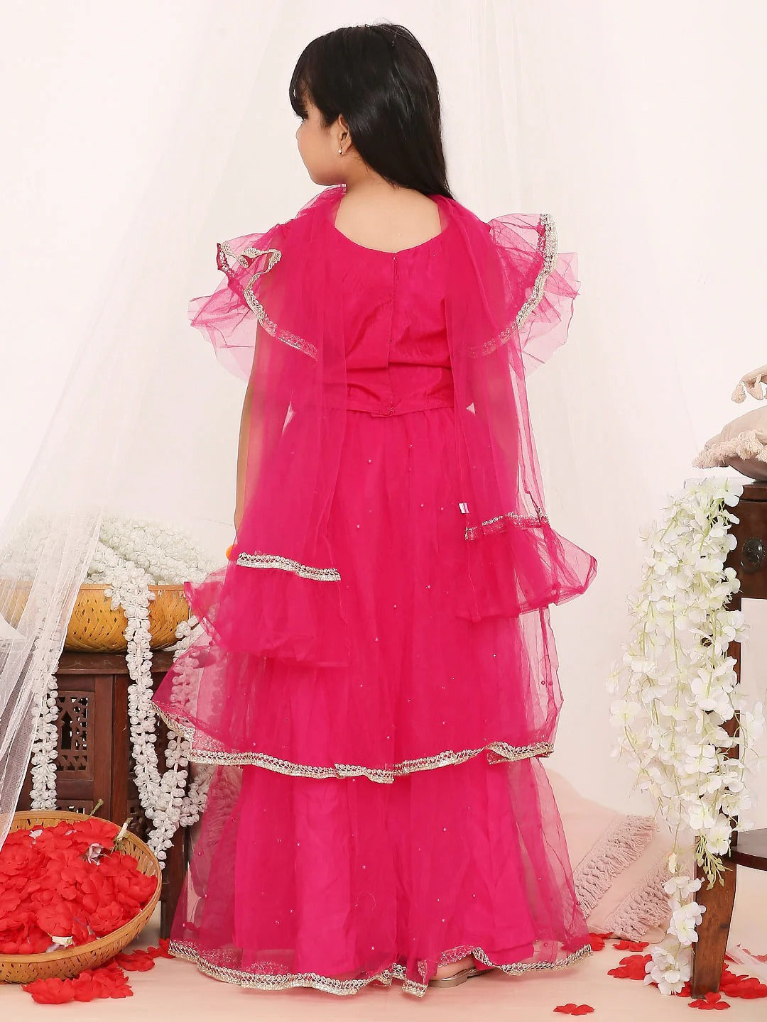 Girls Aura Pink tiered lehnga- Choli