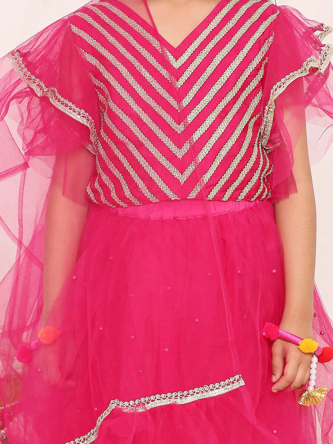 Girls Aura Pink tiered lehnga- Choli