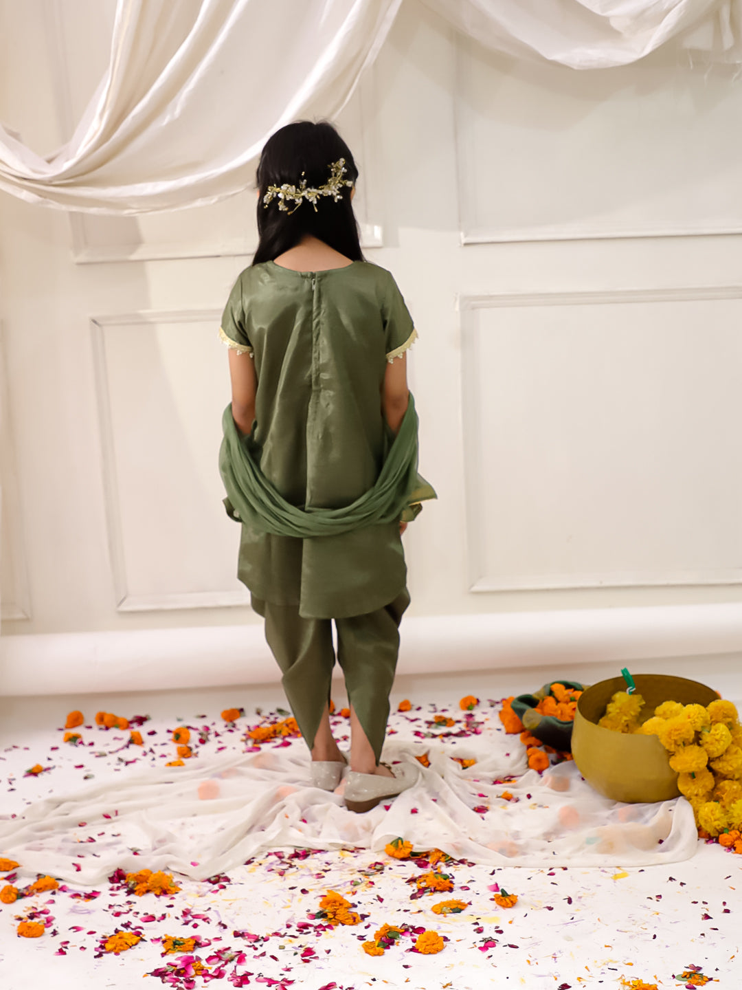 Girls High low Mehndi kurti dhoti set