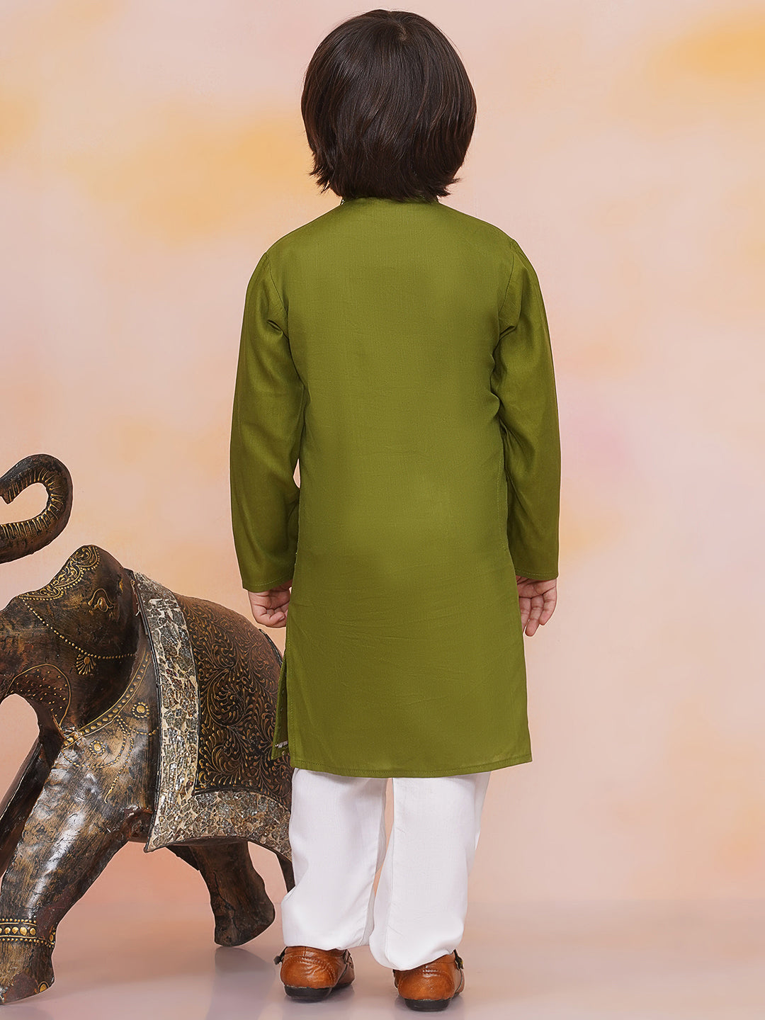 Toddler and pre teen Boys sequin mirror work green kurta pajama