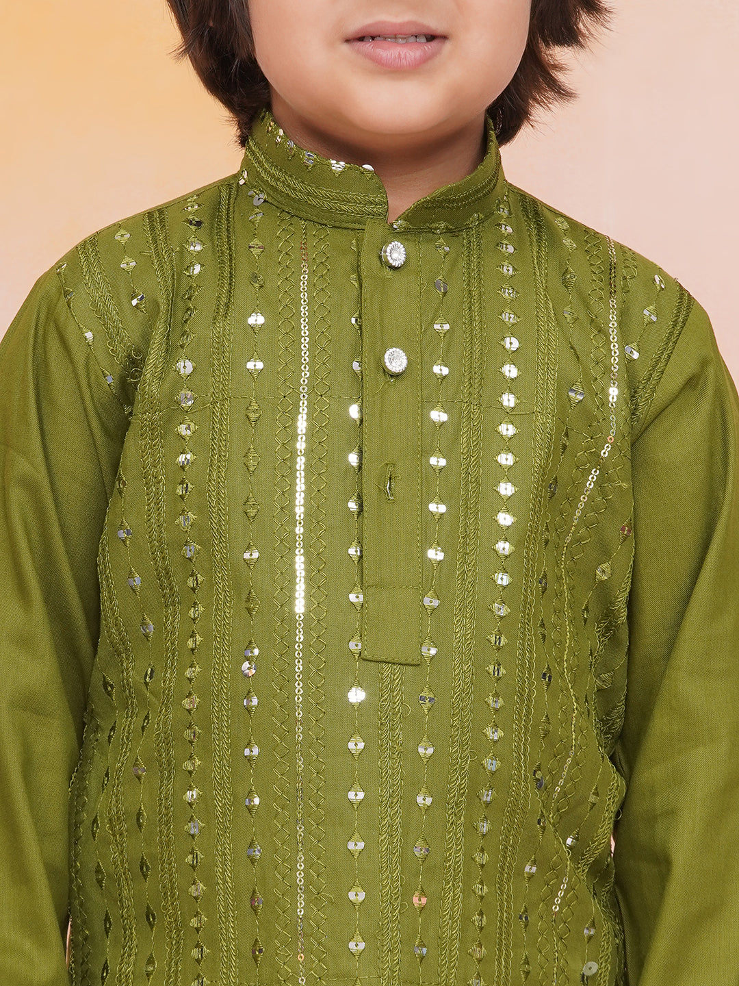 Toddler and pre teen Boys sequin mirror work green kurta pajama