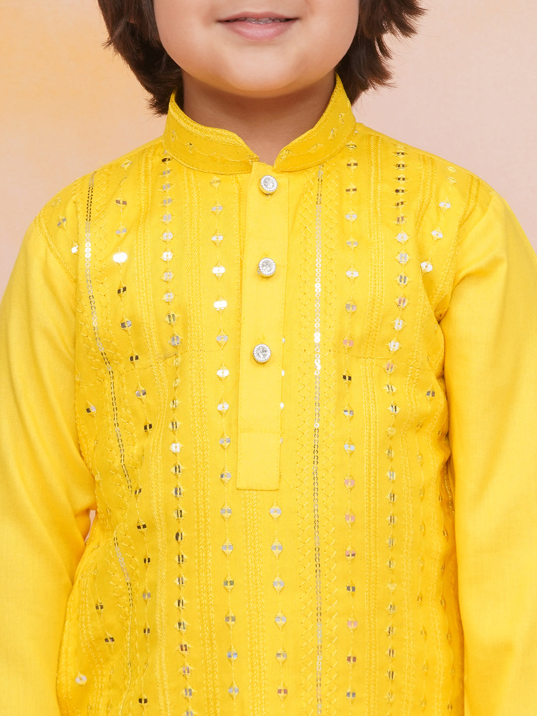 Toddler and pre teen Boys sequin mirror work yellow kurta pajama