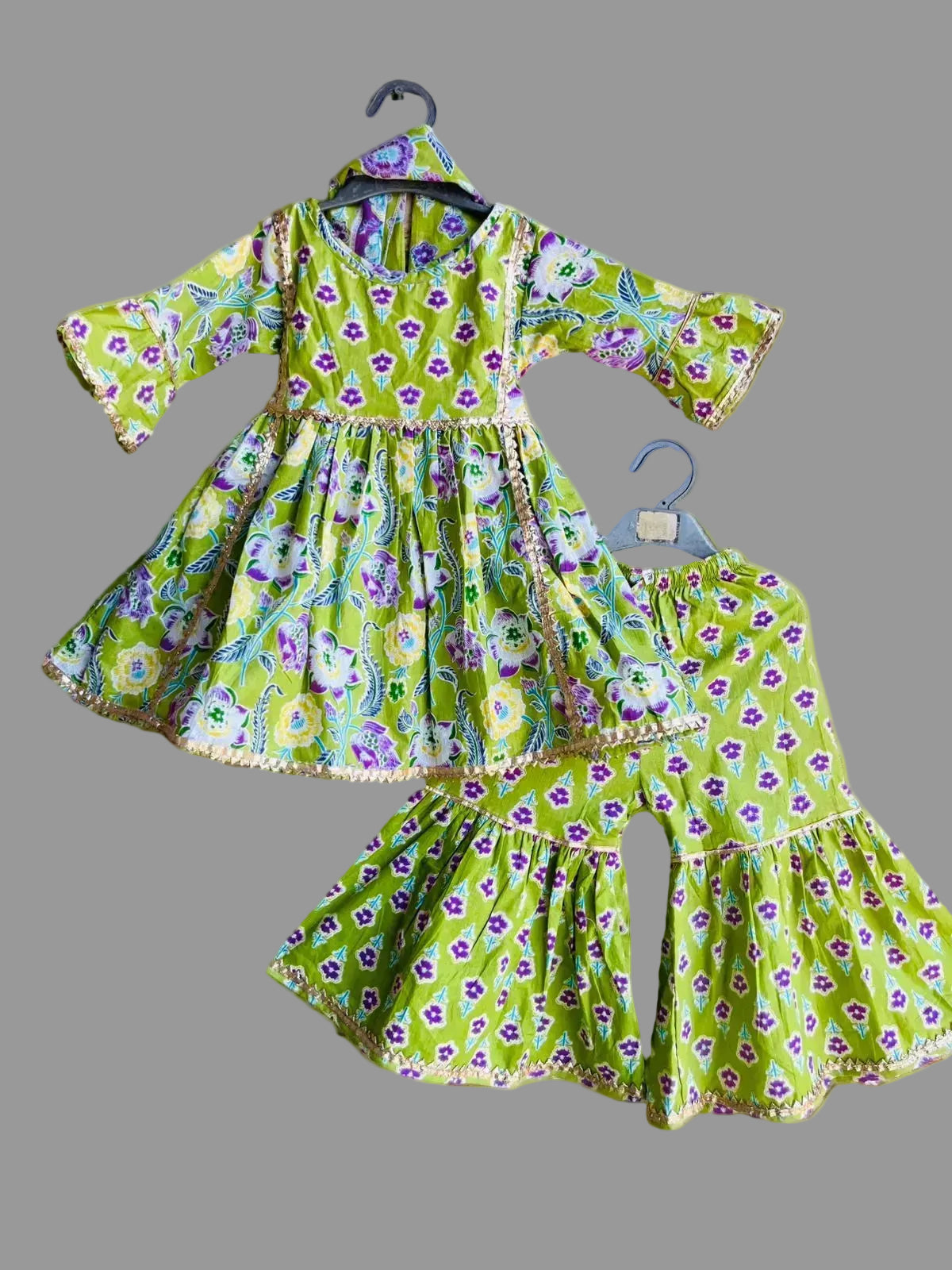 3 pc Kurti-Gharara in lime green floral block print with gold gota trim