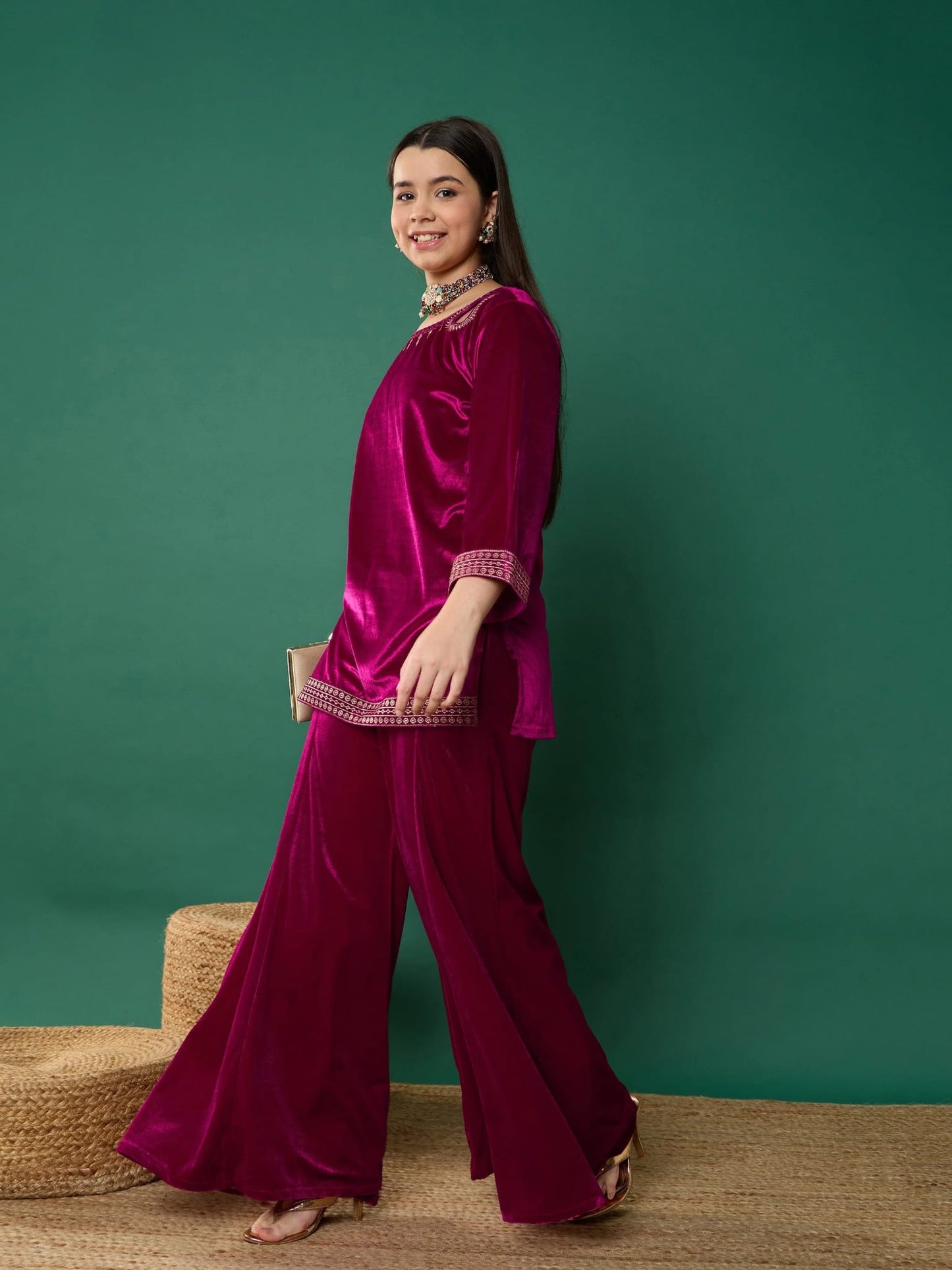 Lux Fuchsia Velvet Shirt with Palazzo