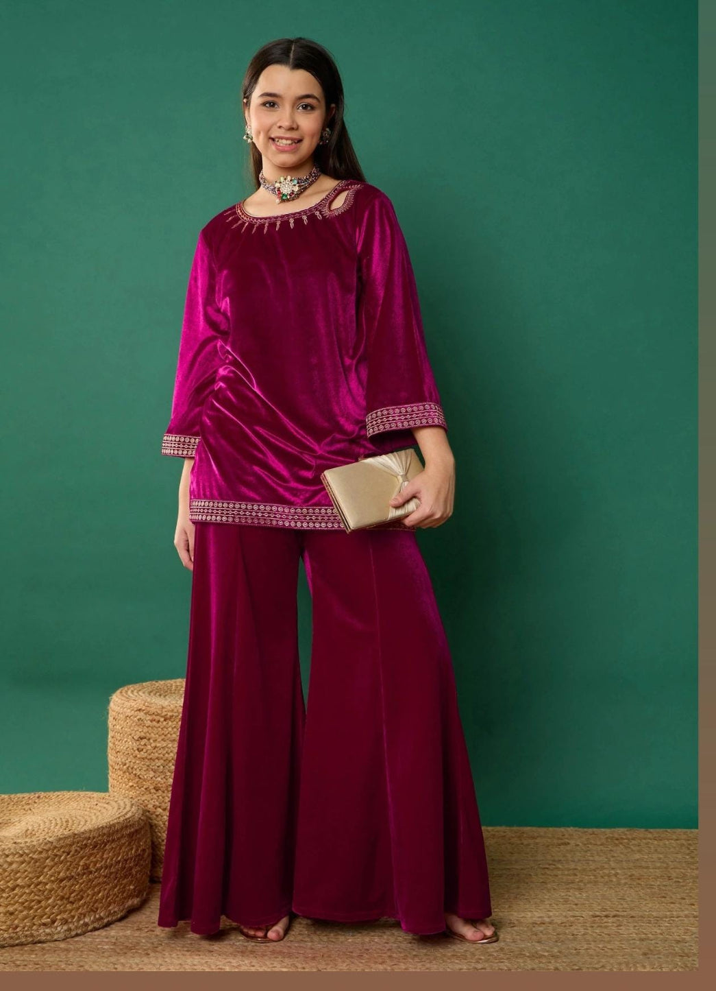 Lux Fuchsia Velvet Shirt with Palazzo