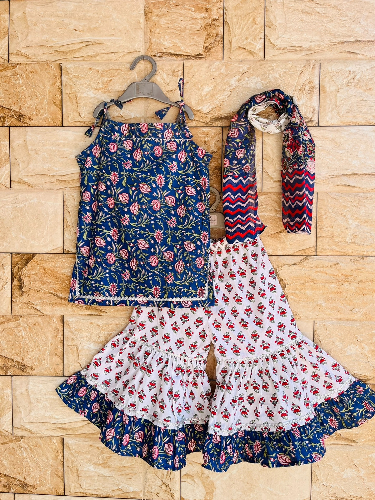 Strap shoulder Kurti with dual tone sharara