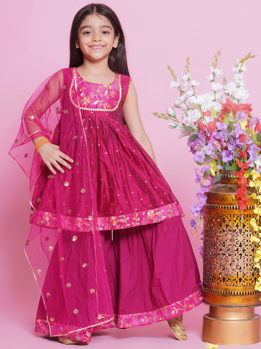 3 pc festive embroidered frock with sharara pants