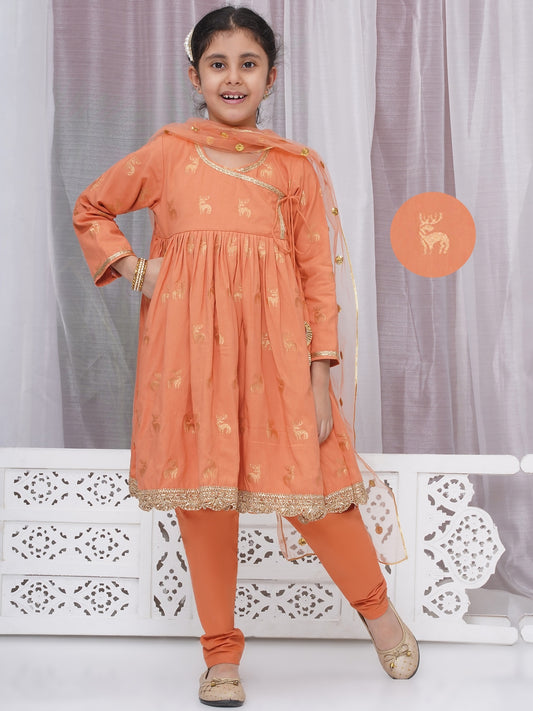 Girls festive dull orange Angrakha -pajami suit