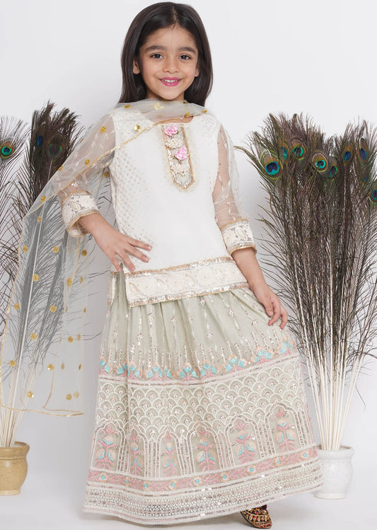 Girls Pistachio Lehnga with embroidered long shirt style top