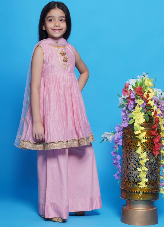 Tyohaar 3 pc pink frock with palazzo