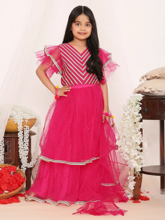 Girls Aura Pink tiered lehnga- Choli