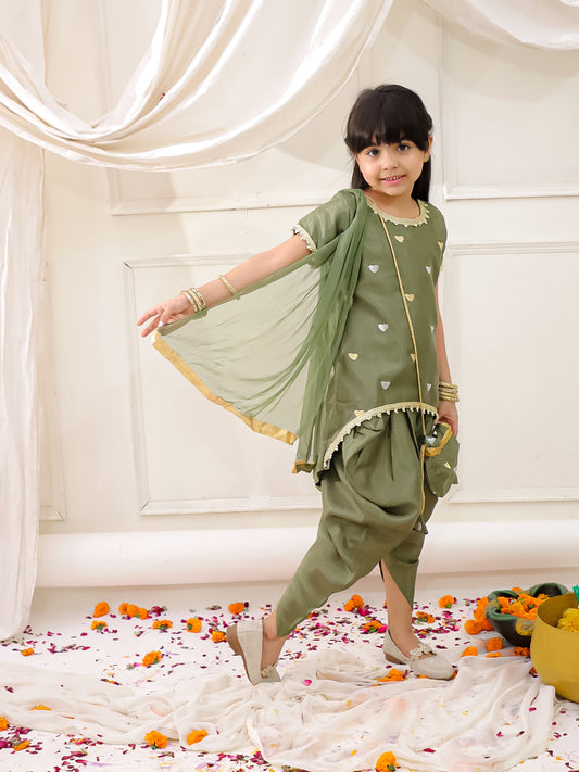 Girls High low Mehndi kurti dhoti set