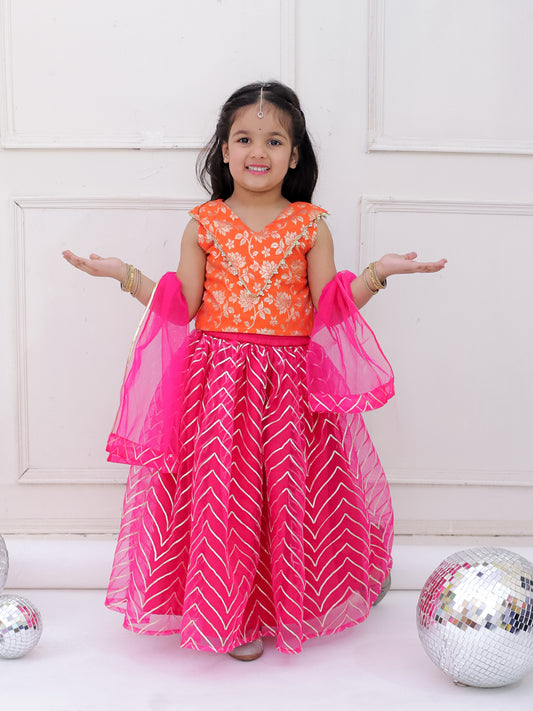 Girls Banarasi top with zigzag pattern net lehnga set