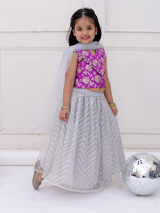 Girls Banarasi top with zigzag pattern net lehnga set