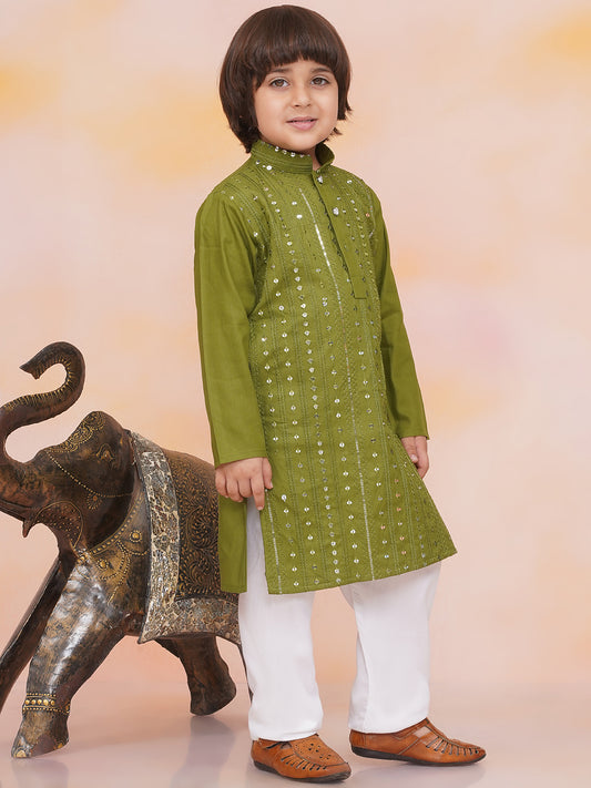 Toddler and pre teen Boys sequin mirror work green kurta pajama