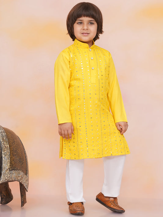 Toddler and pre teen Boys sequin mirror work yellow kurta pajama