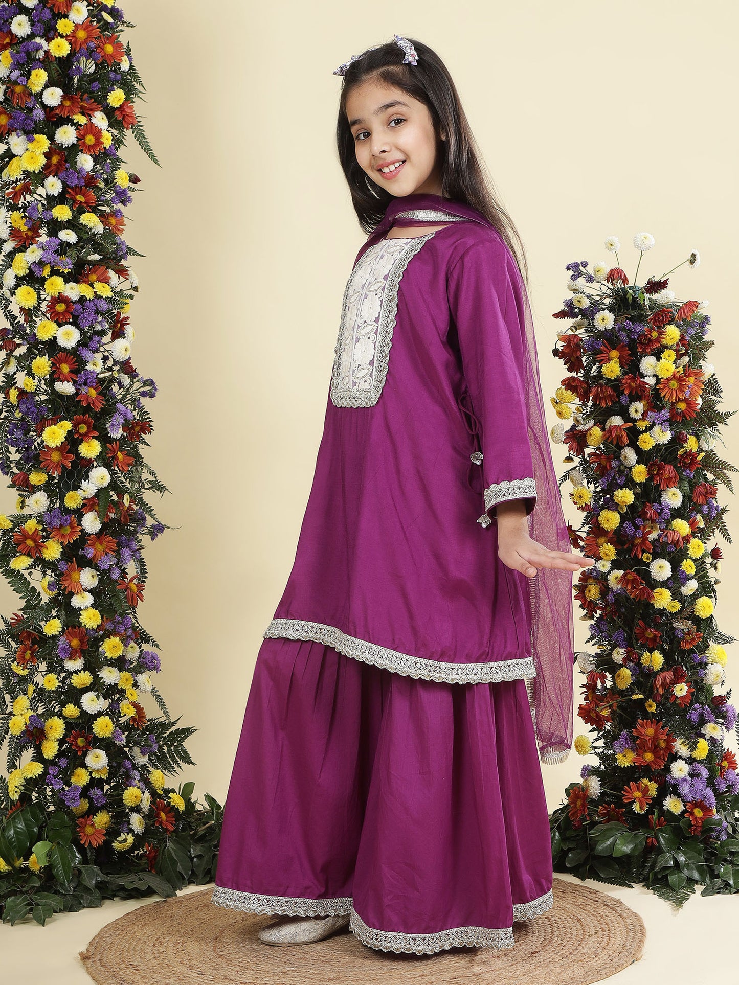 Zaina purple embroidered silk Kurti-gharara pants