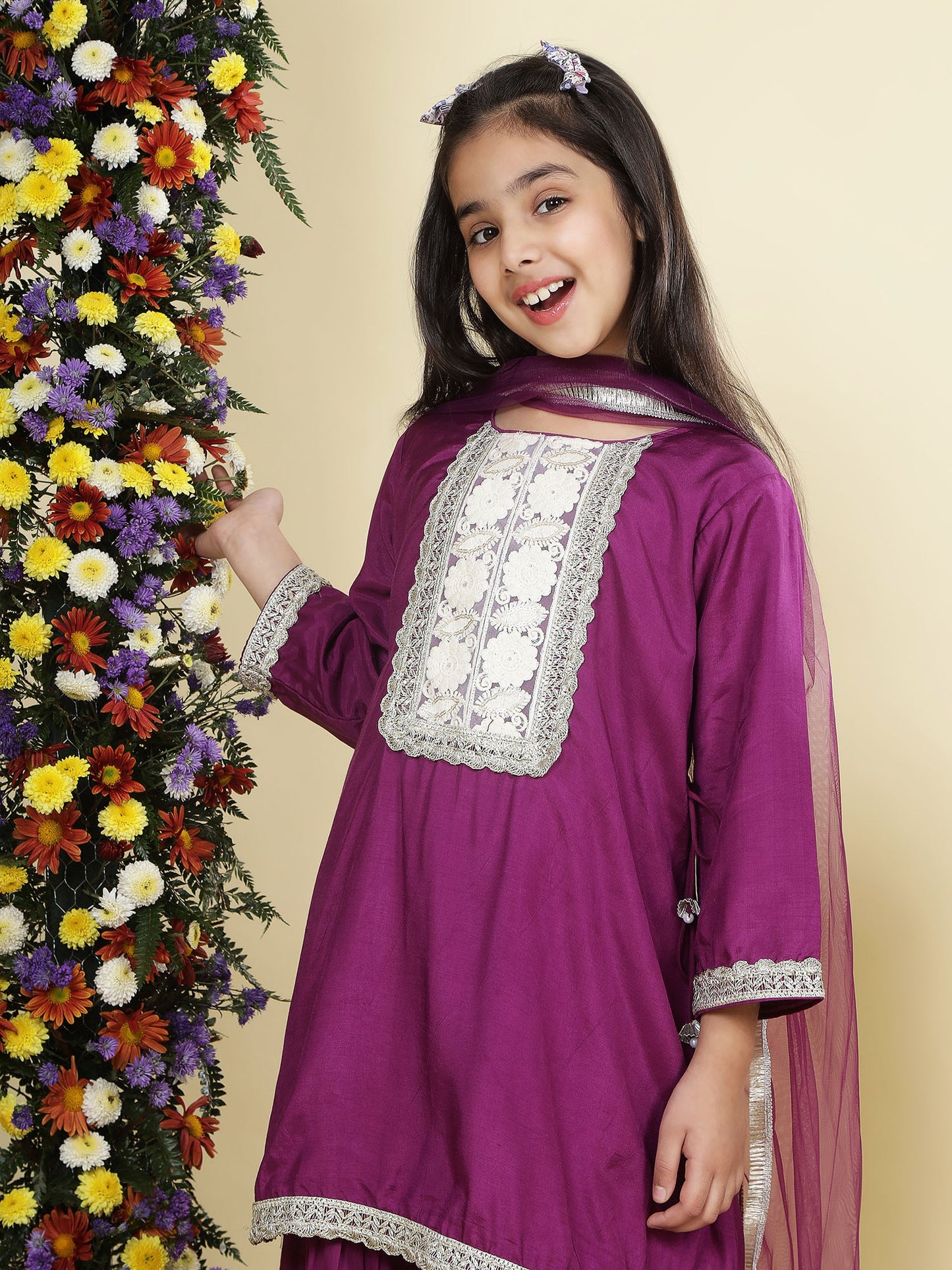 Zaina purple embroidered silk Kurti-gharara pants