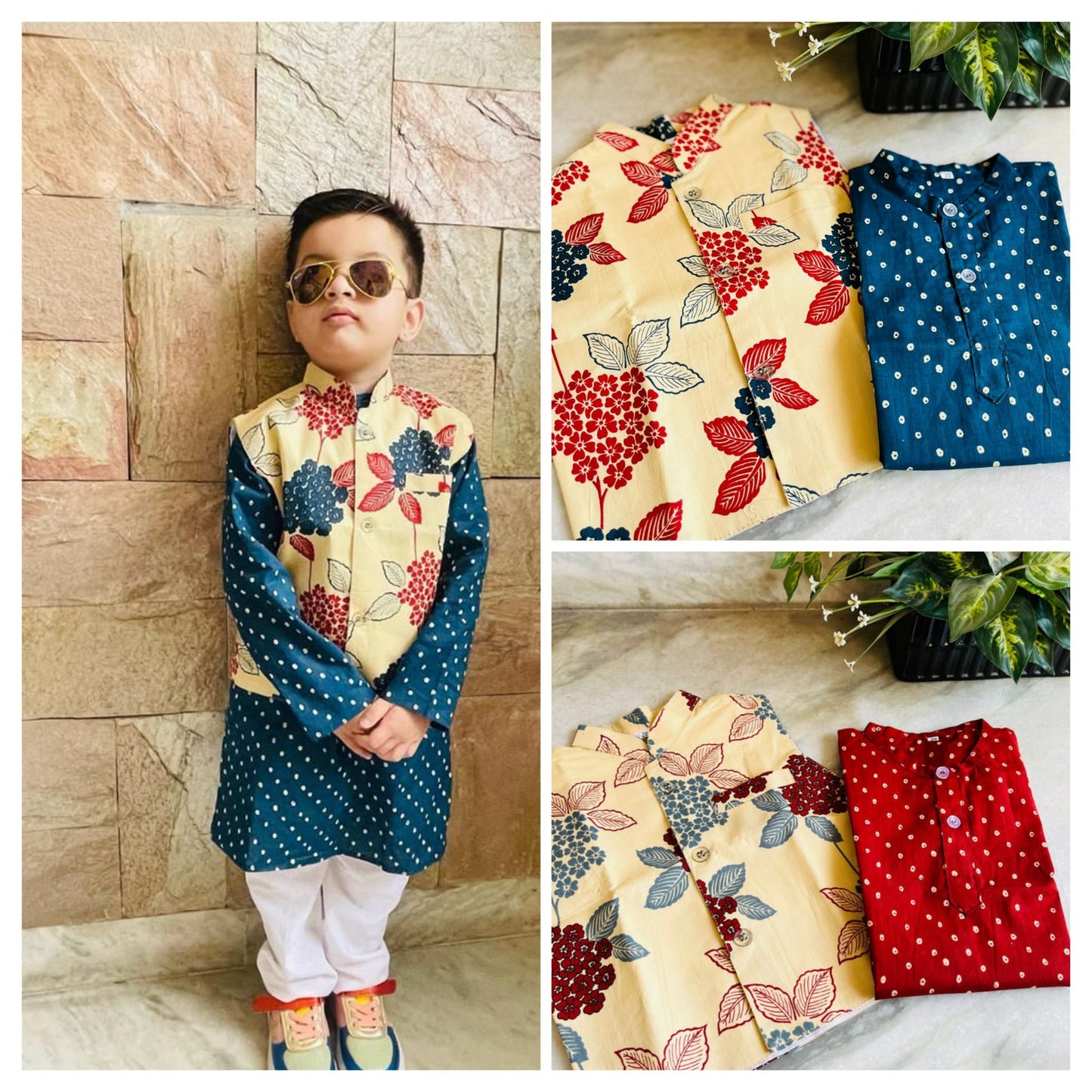 Polka dot Kurta pyjama with floral vest