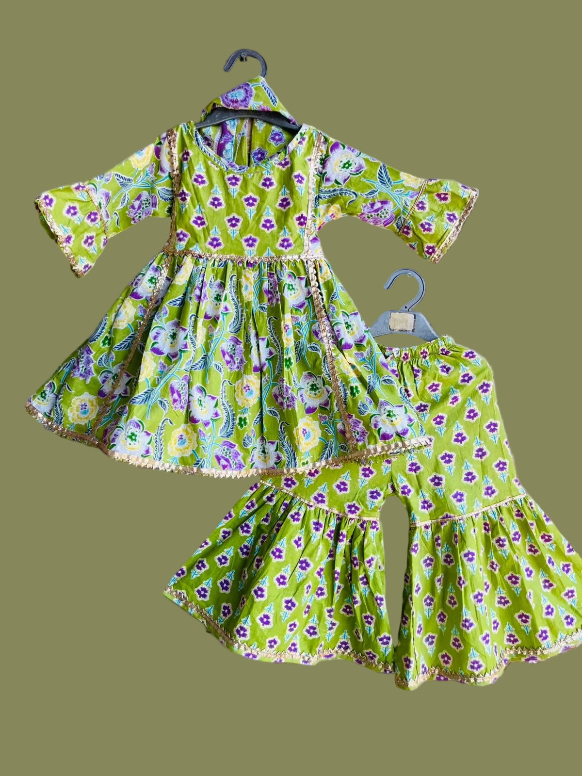 3 pc Kurti-Gharara in lime green floral block print with gold gota trim