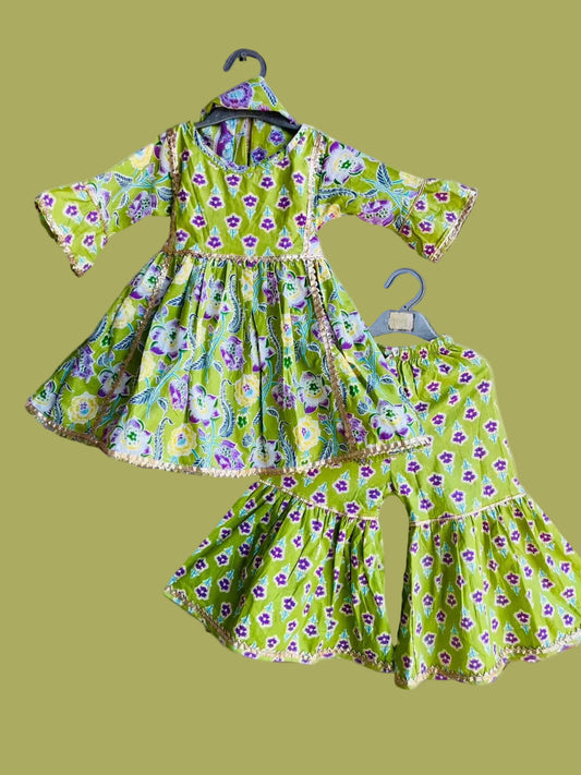 3 pc Kurti-Gharara in lime green floral block print with gold gota trim