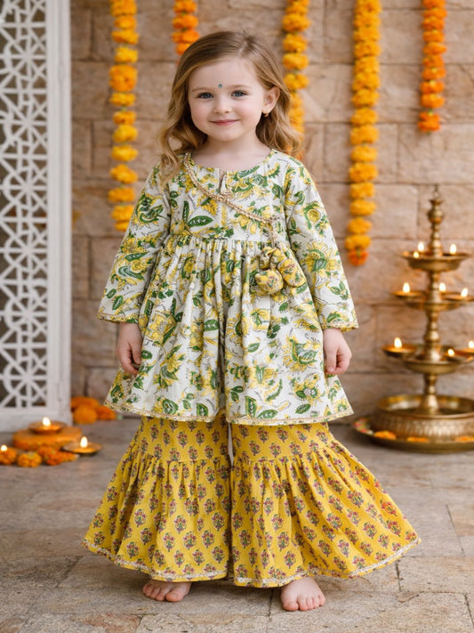 Angrakha-Gharara yellow green floral block print with potli bag on hanger